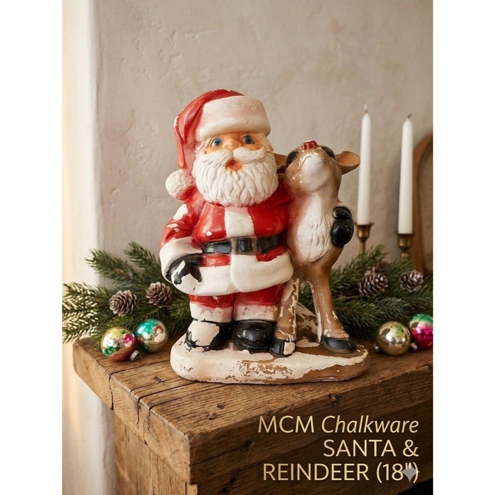 1950s Kitsch Santa & Rudolph Plaster Mold - 18” Large Christmas Mantel Decor